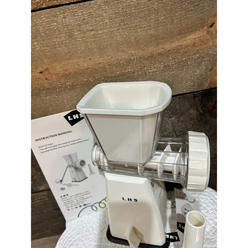 LHS Manual Meat Grinder White with Sausage Stuffer & Spritz‎ Cookie Attachment